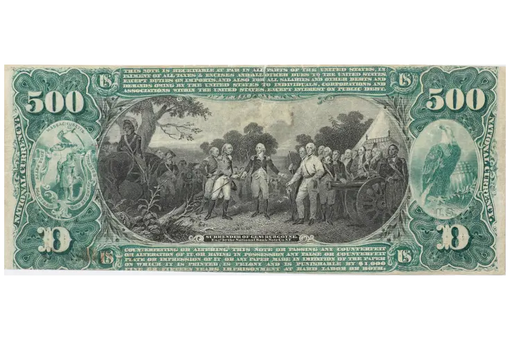 Section of the 1863 U.S. $50 note depicting the landing of Colombus.